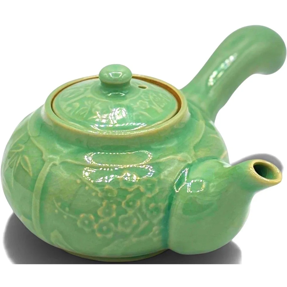 Korean Celadon Side Handle Teapot Crackle Glaze Floral Vine Relief Marked 8 Inch